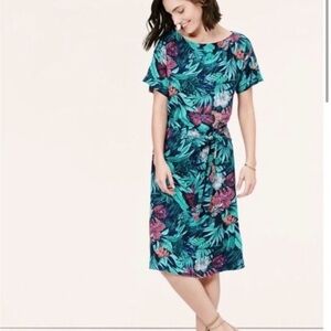 Loft Womens Tropical Print Linen Blend MIDI Dress size Small